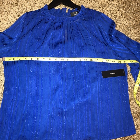 Lulu's Blouse Blue Mock Neck Top Long Bell Sleeve - Picture 10 of 13